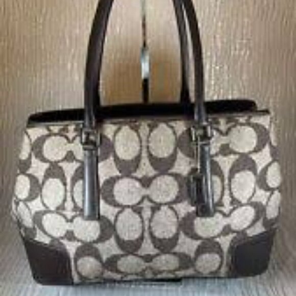 Coach Handbags - Coach Hampton Brown Monogram Wool Leather Trim Satchel